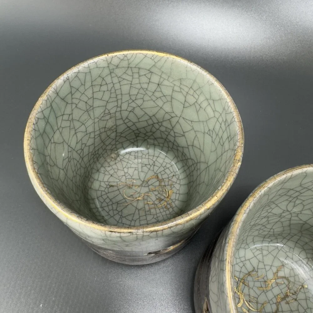 Otagiri SomaWare Gold Horse Cup Tumbler Porcelain Obori Crackled Glaze Set2 Cups
